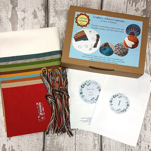 Corinne Lapierre 2020 Crafters Advent Calender. Image of brown craft box with Corinne Lapierre logo and illustrated contents.
