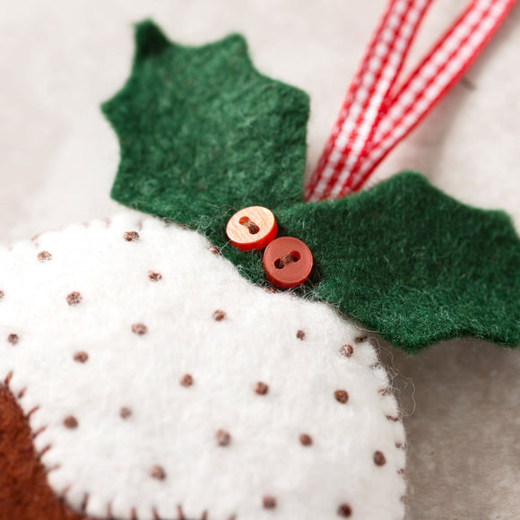 Corinne Lapierre Christmas Pudding Felt Craft Kit. Hung with red & white gingham ribbon.