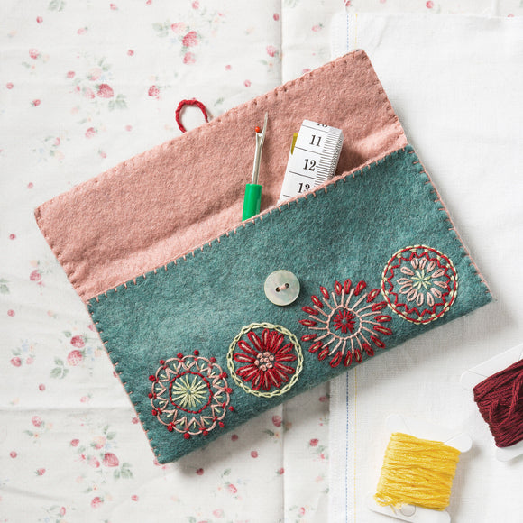 Corinne Lapierre Felt Sewing Pouch Embroidery Craft Kit. Embroidered with circles and fastened with a button.