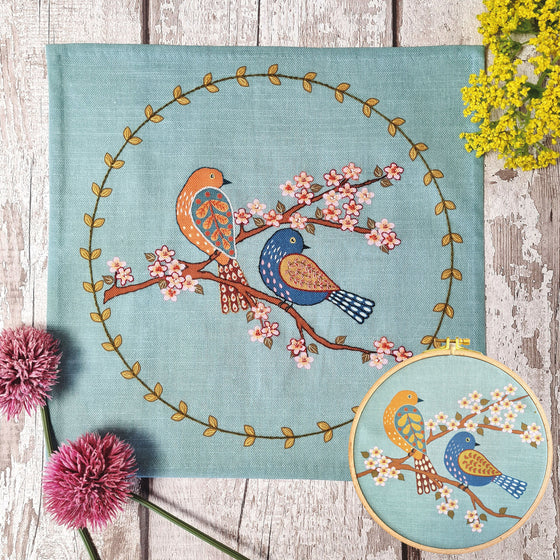 Printed Linen Embroidery Kit Birds & Blossoms