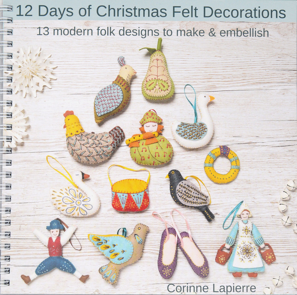 12 Days of Christmas Felt Decorations book. Image of felt hanging decorations with ribbon .