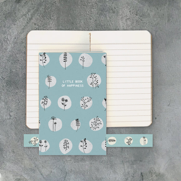 East of India A6 Notebook. Little Book of Happiness . White circle motifs with sprigs motifs.