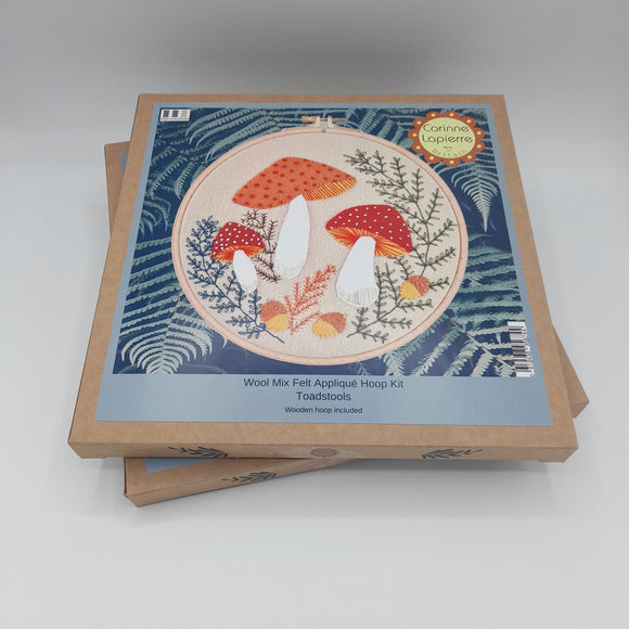 Corinne Lapierre applique hoop felt toadstool craft kit. 3 felt toadstools set in a wooden embroidery hoop.