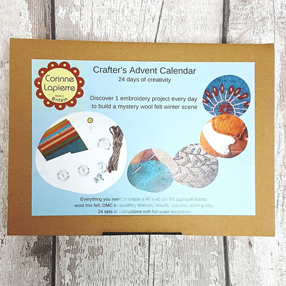 Corinne Lapierre 2020 Crafters Advent Calender. Image of brown craft box with Corinne Lapierre logo and illustrated contents.