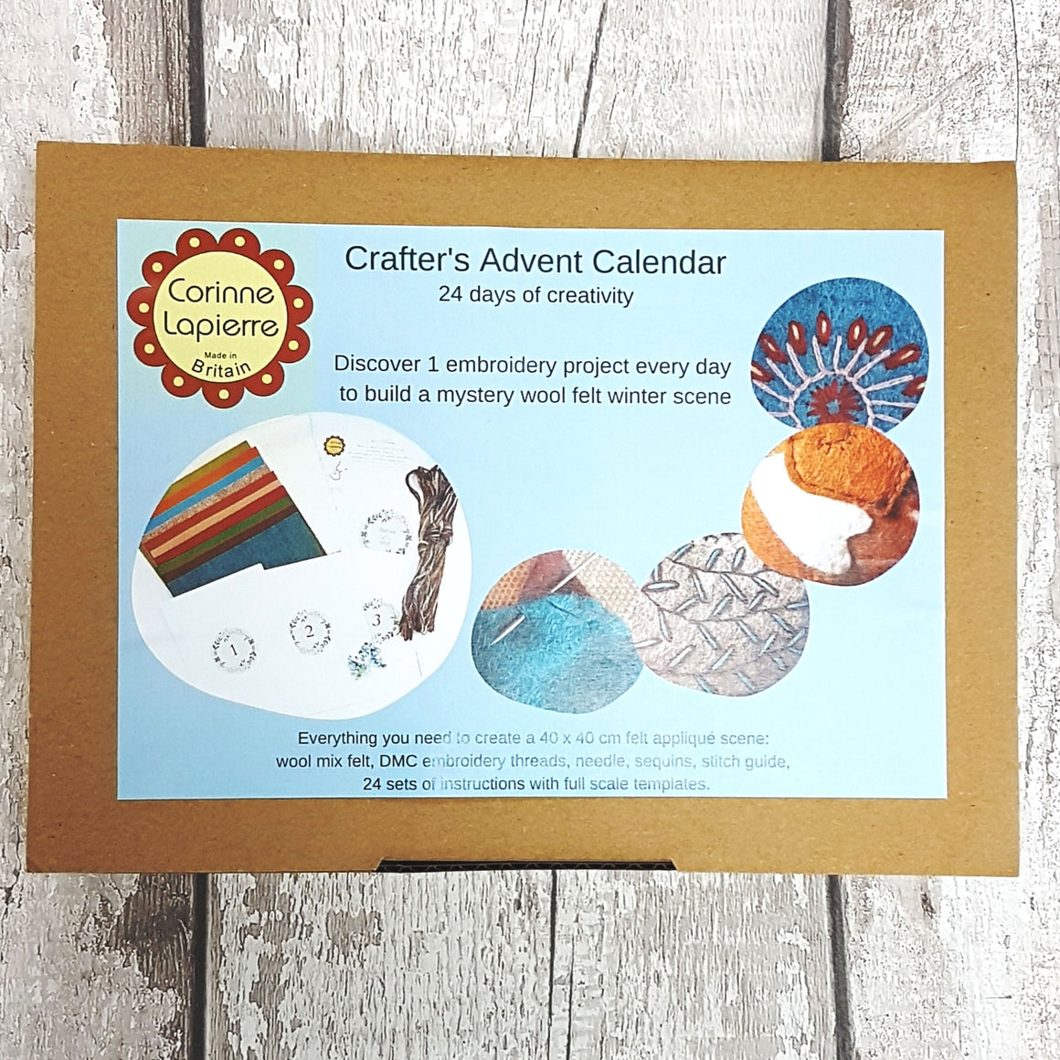 Corinne Lapierre 2020 Crafters Advent Calender. Image of brown craft box with Corinne Lapierre logo and illustrated contents.
