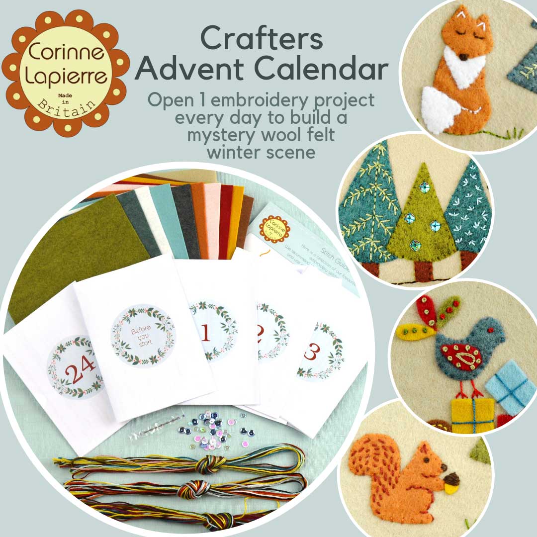 Corinne Lapierre 2018 Crafters Advent Calender. Image of brown craft box with Corinne Lapierre logo and illustrated contents.