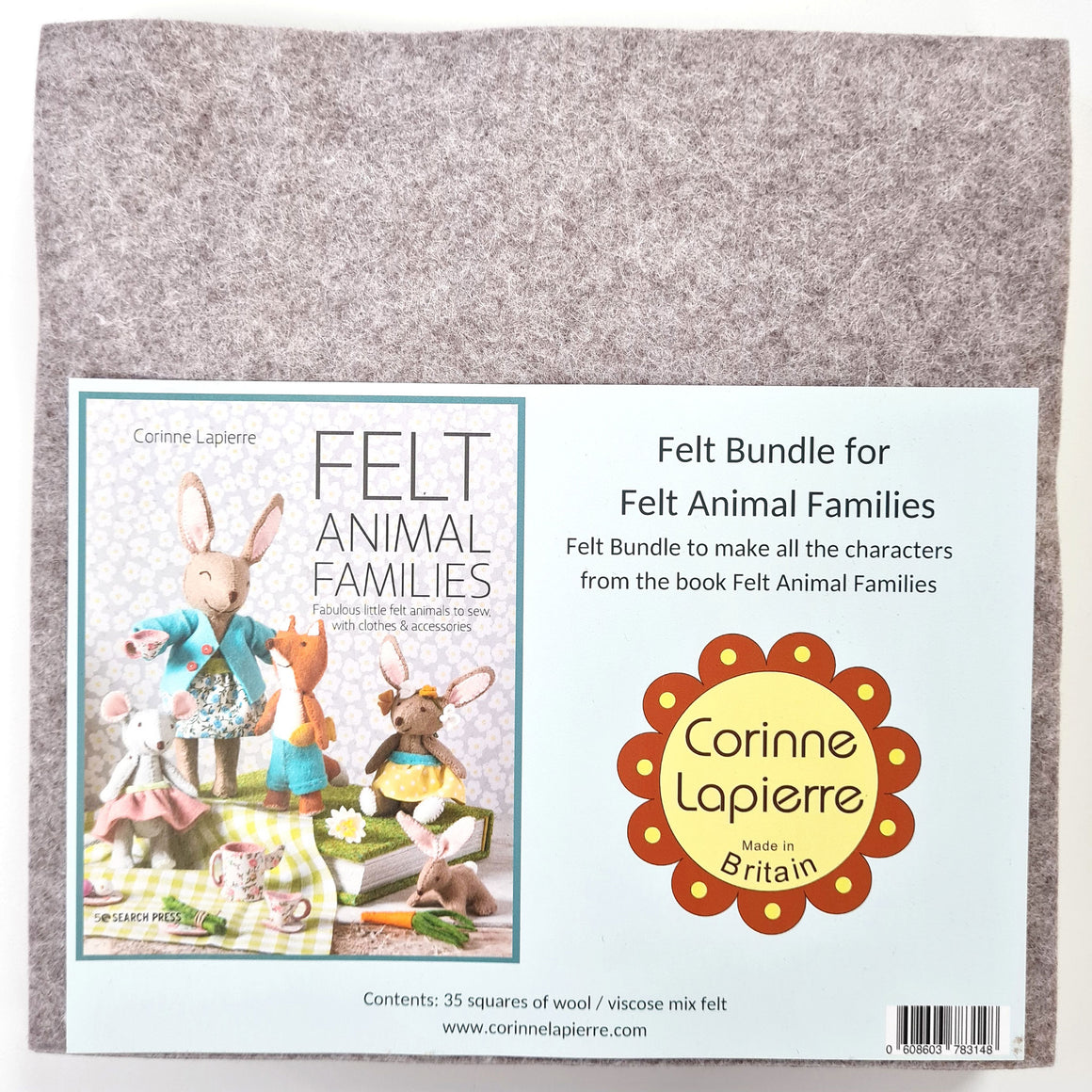 Corinne Lapierre Felt Bundle for felt animal families Book. Image, pack of felt with light blue label and Corinne Lapierre logo.