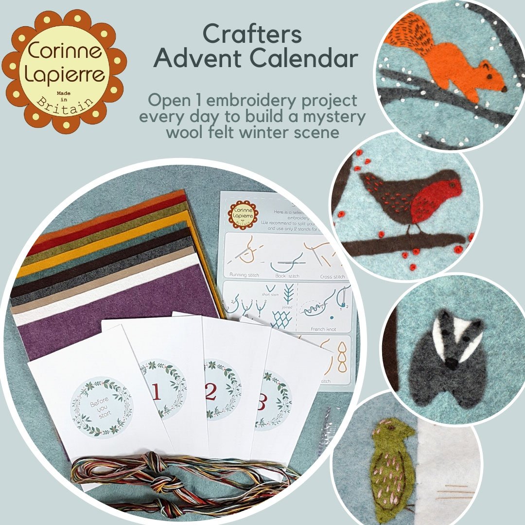 Corinne Lapierre 2019 Crafter's Advent Calender. Image of brown craft box with Corinne Lapierre logo and illustrated contents.