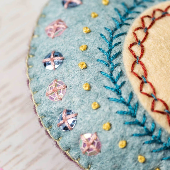 Corinne Lapierre Embroidered Heart Felt Craft Kit. 1 embroidered blue heart hanging decoration with organza ribbon.