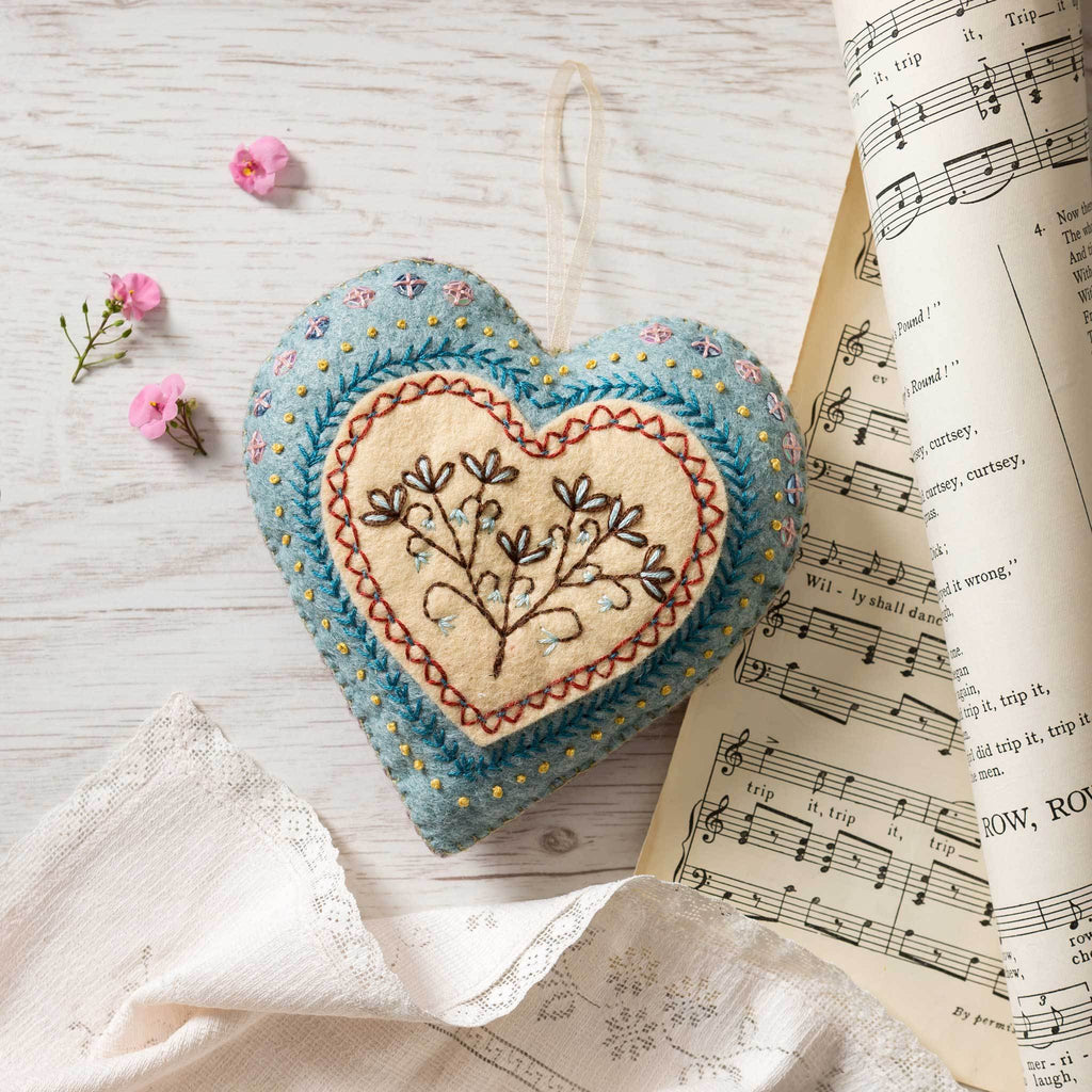 Corinne Lapierre Embroidered Heart Felt Craft Kit. 1 embroidered blue heart hanging decoration with organza ribbon.