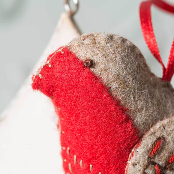 Corinne Lapierre Robin Felt Craft Kit. Hung with red ribbon and embroidered.