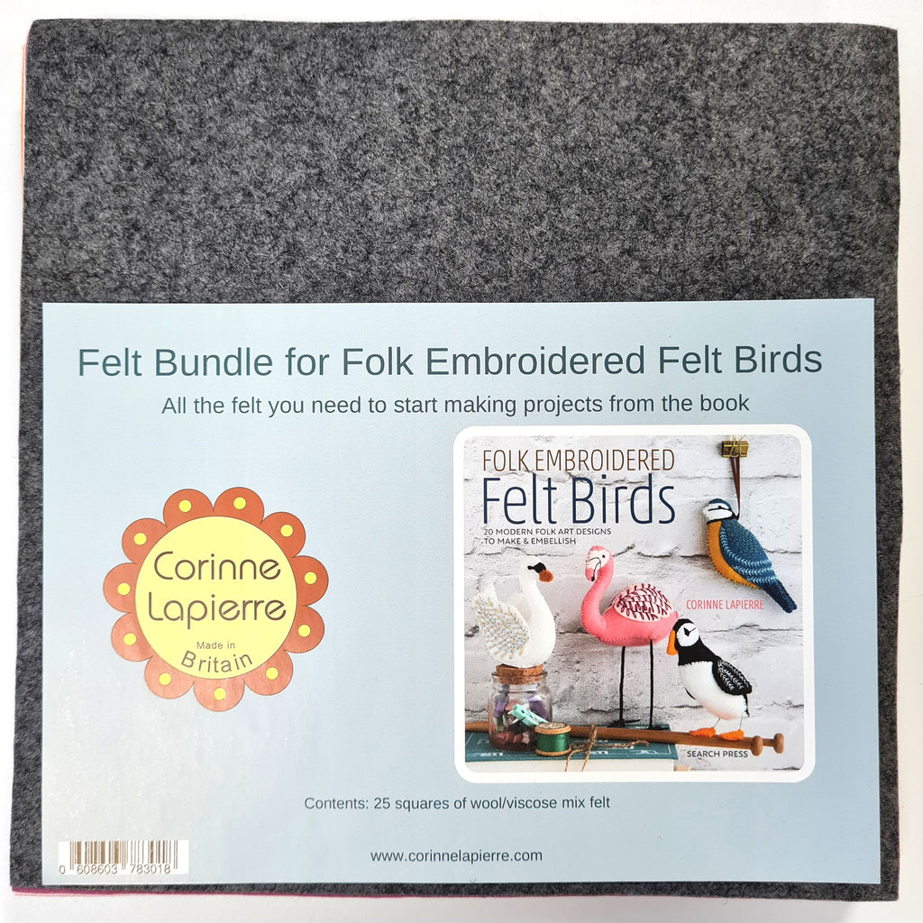 Corinne Lapierre Felt Bundle for Folk Embroidered Felt Birds Book. Image, pack of felt with light blue label and Corinne Lapierre logo.