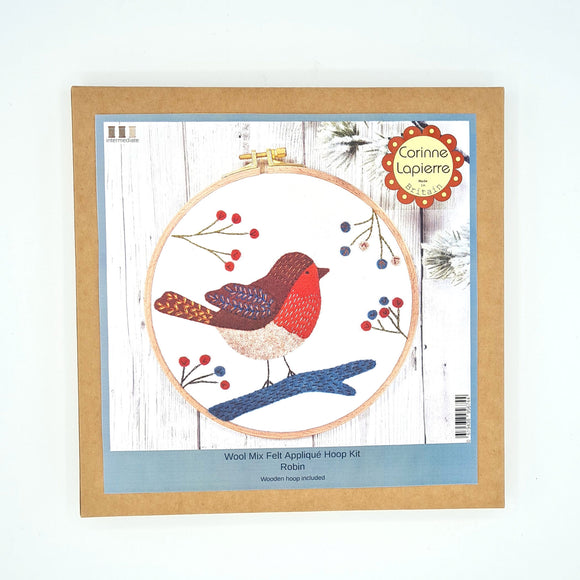 Corinne Lapierre applique hoop felt robin craft kit. Felt robin & berries, set in a wooden embroidery hoop.